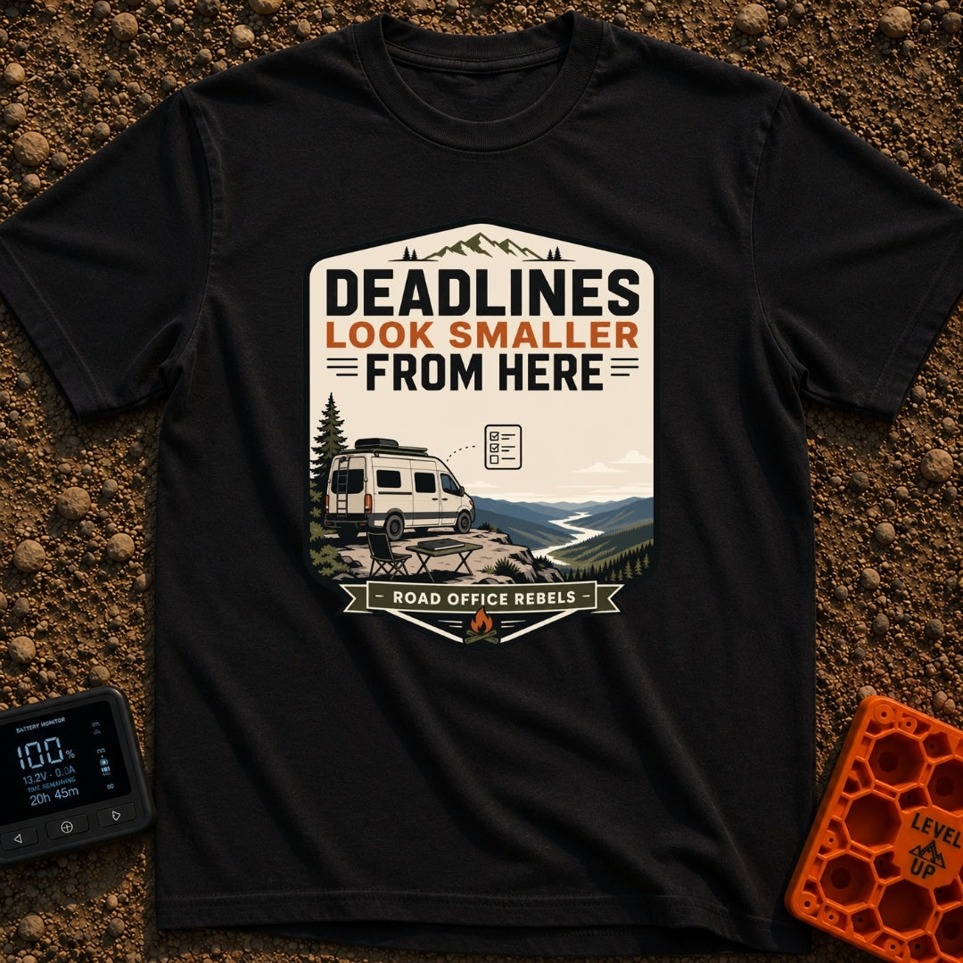 Deadlines Look Smaller - T-Shirt in Black - A graphic illustration of a white camper van parked on a cliff edge...