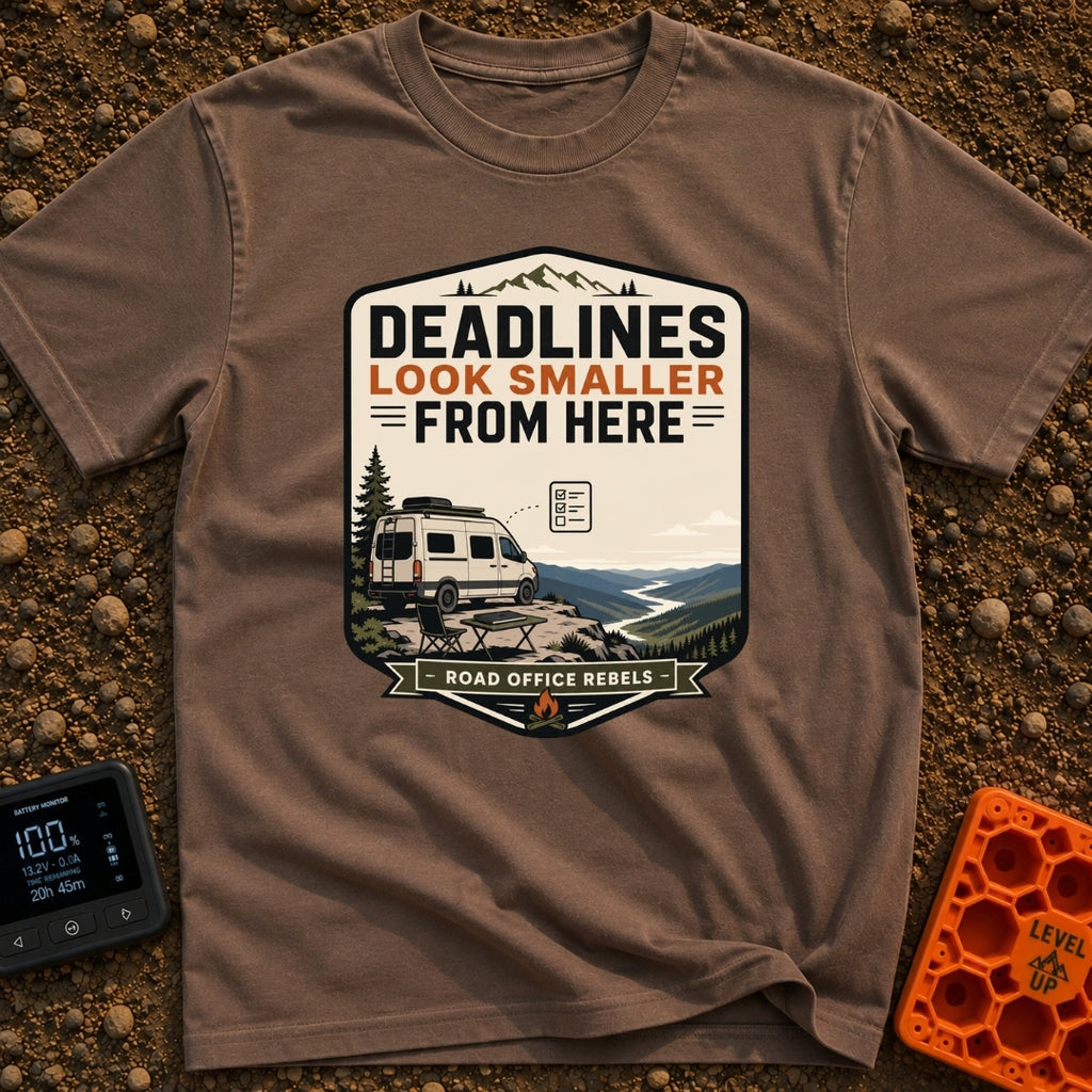 Deadlines Look Smaller - T-Shirt in Espresso - A graphic illustration of a white camper van parked on a cliff edge...