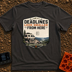 Deadlines Look Smaller - T-Shirt in Graphite - A graphic illustration of a white camper van parked on a cliff edge...