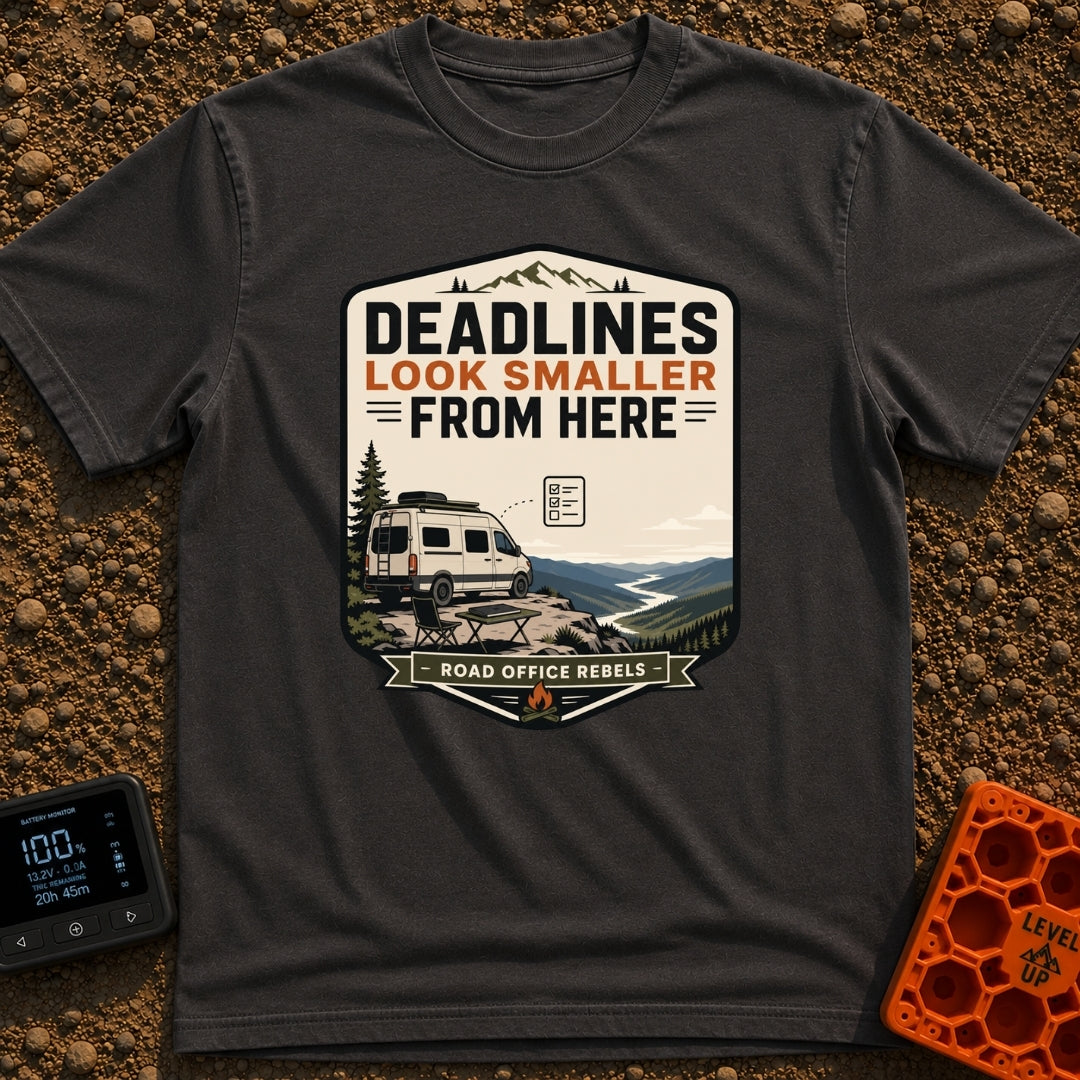 Deadlines Look Smaller - T-Shirt in Graphite - A graphic illustration of a white camper van parked on a cliff edge...