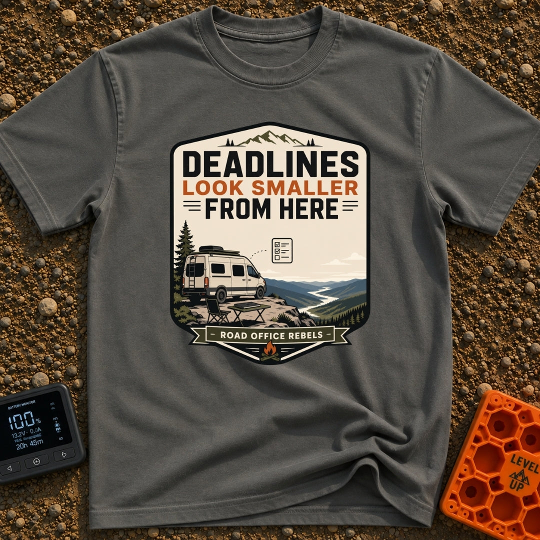 Deadlines Look Smaller - T-Shirt in Pepper - A graphic illustration of a white camper van parked on a cliff edge...