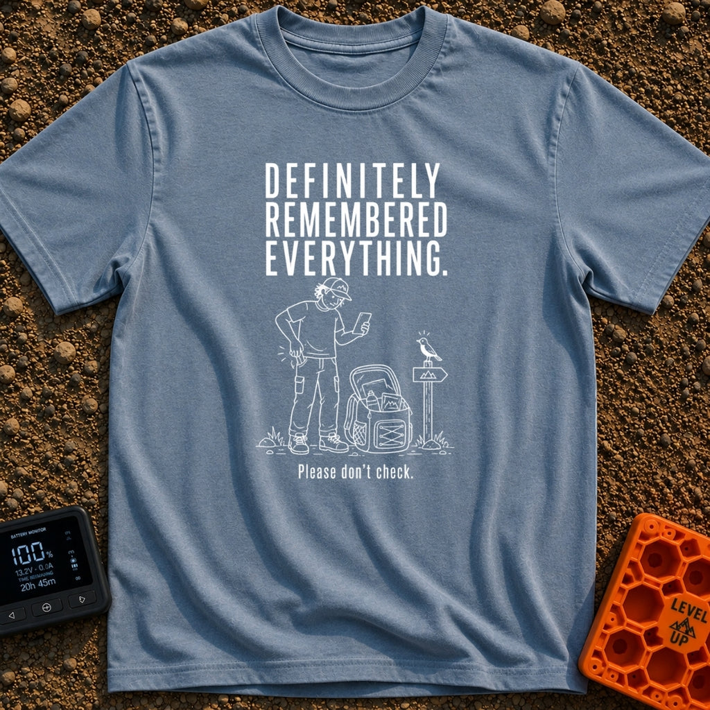 Pretty Sure I Packed - T-Shirt in Blue Jean - White line-art illustration of a person in hiking clothes looking down at a...