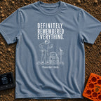Pretty Sure I Packed - T-Shirt in Blue Jean - White line-art illustration of a person in hiking clothes looking down at a...