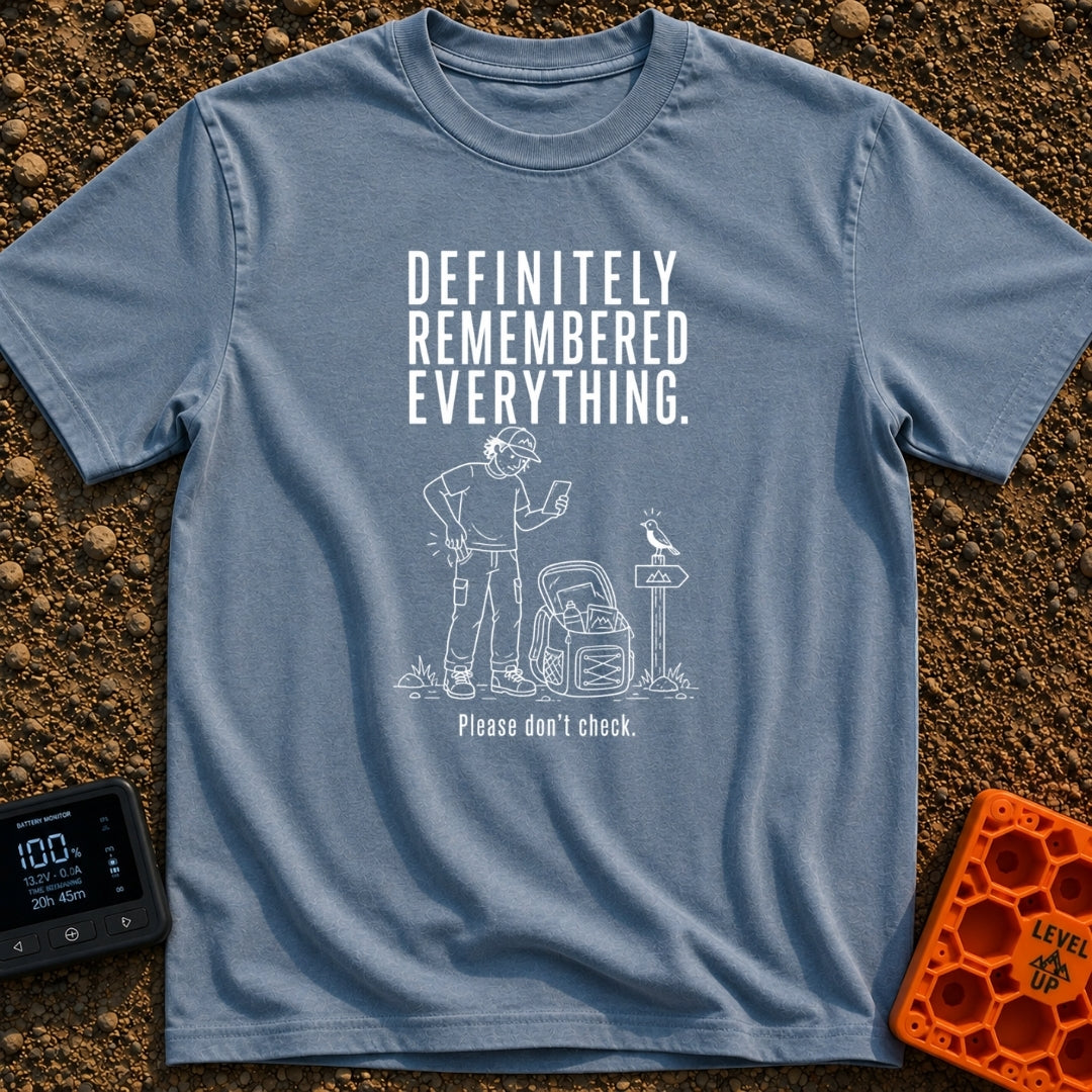 Pretty Sure I Packed - T-Shirt in Blue Jean - White line-art illustration of a person in hiking clothes looking down at a...