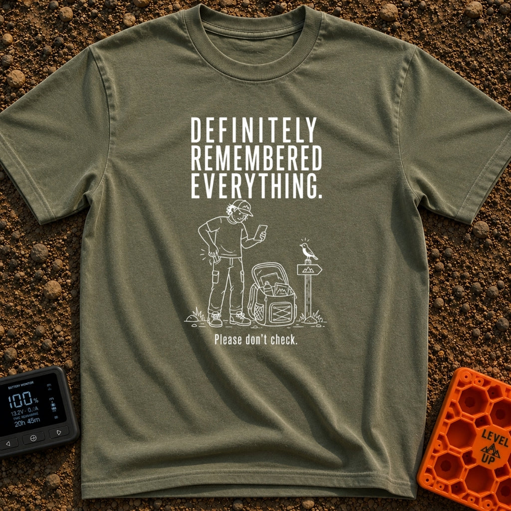 Pretty Sure I Packed - T-Shirt in Moss - White line-art illustration of a person in hiking clothes looking down at a...