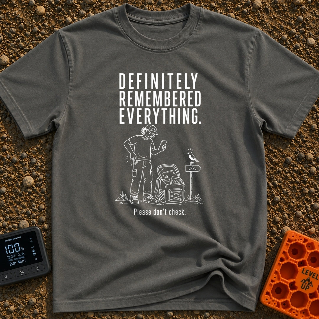 Pretty Sure I Packed - T-Shirt in Pepper - White line-art illustration of a person in hiking clothes looking down at a...