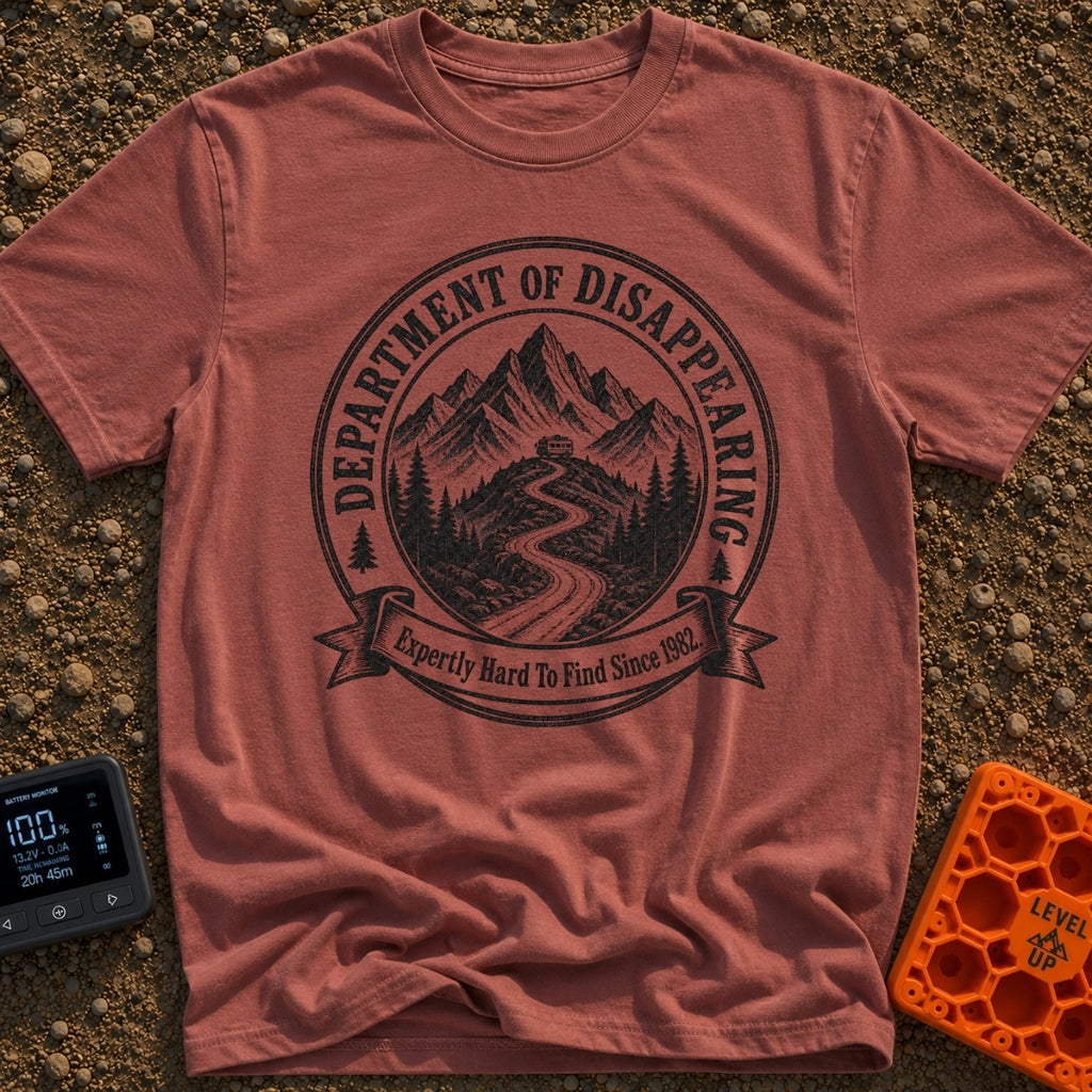 Chief Disappearing Officer - T-Shirt in Brick - A black and white circular badge illustration showing a camper van parked...