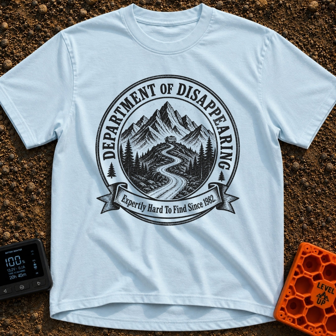 Chief Disappearing Officer - T-Shirt in Chambray - A black and white circular badge illustration showing a camper van...