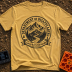 Chief Disappearing Officer - T-Shirt in Mustard - A black and white circular badge illustration showing a camper van...
