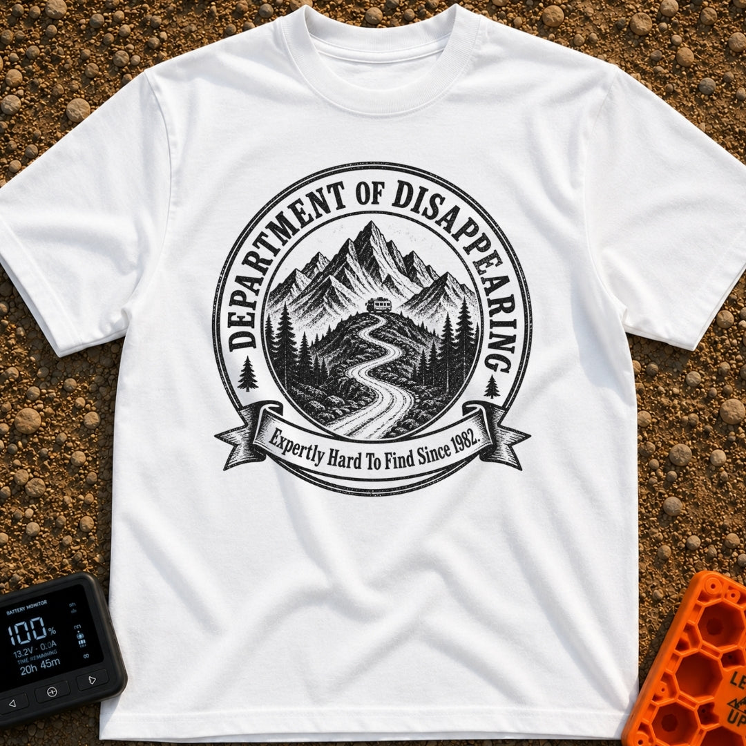 Chief Disappearing Officer - T-Shirt in White - A black and white circular badge illustration showing a camper van parked...
