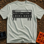 Your Local Host - T-Shirt in Bay - A black-and-white illustration of a mechanical split-flap departure board featuring an...