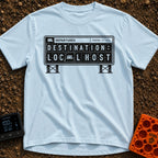 Your Local Host - T-Shirt in Chambray - A black-and-white illustration of a mechanical split-flap departure board...
