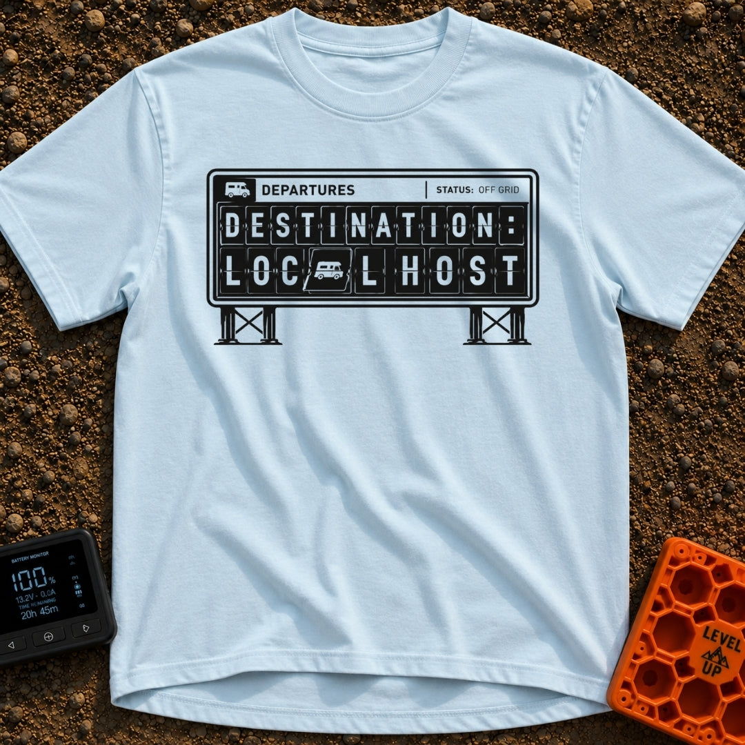 Your Local Host - T-Shirt in Chambray - A black-and-white illustration of a mechanical split-flap departure board...