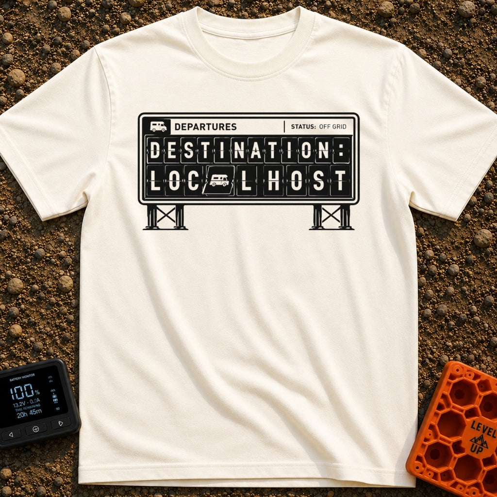 Your Local Host - T-Shirt in Ivory - A black-and-white illustration of a mechanical split-flap departure board featuring...