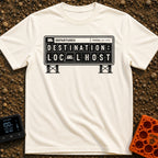 Your Local Host - T-Shirt in Ivory - A black-and-white illustration of a mechanical split-flap departure board featuring...