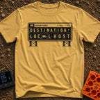 Your Local Host - T-Shirt in Mustard - A black-and-white illustration of a mechanical split-flap departure board...