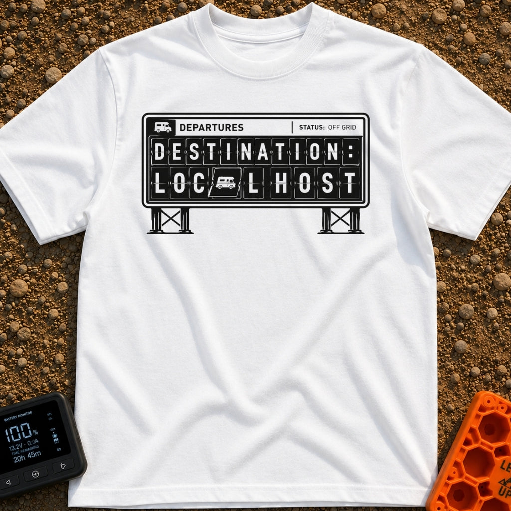 Your Local Host - T-Shirt in White - A black-and-white illustration of a mechanical split-flap departure board featuring...