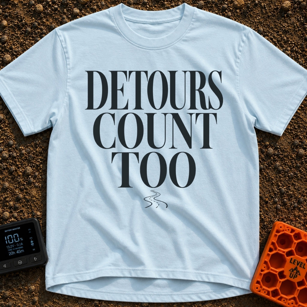 Every Detour Counts - T-Shirt in Chambray - Large, stacked serif text reading "DETOURS COUNT TOO" positioned above a...