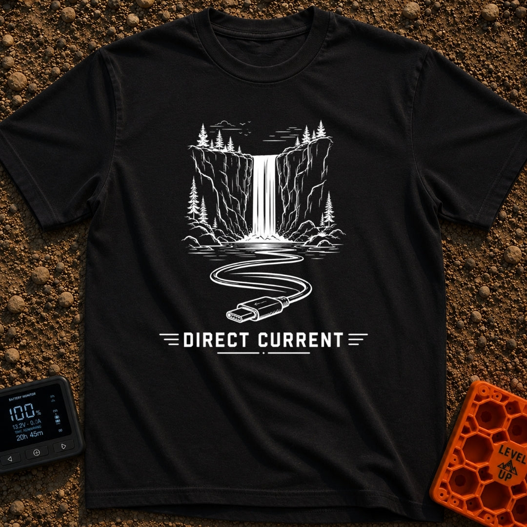 Chasing Direct Current - T-Shirt in Black - A black and white line illustration of a waterfall flowing down a cliff...