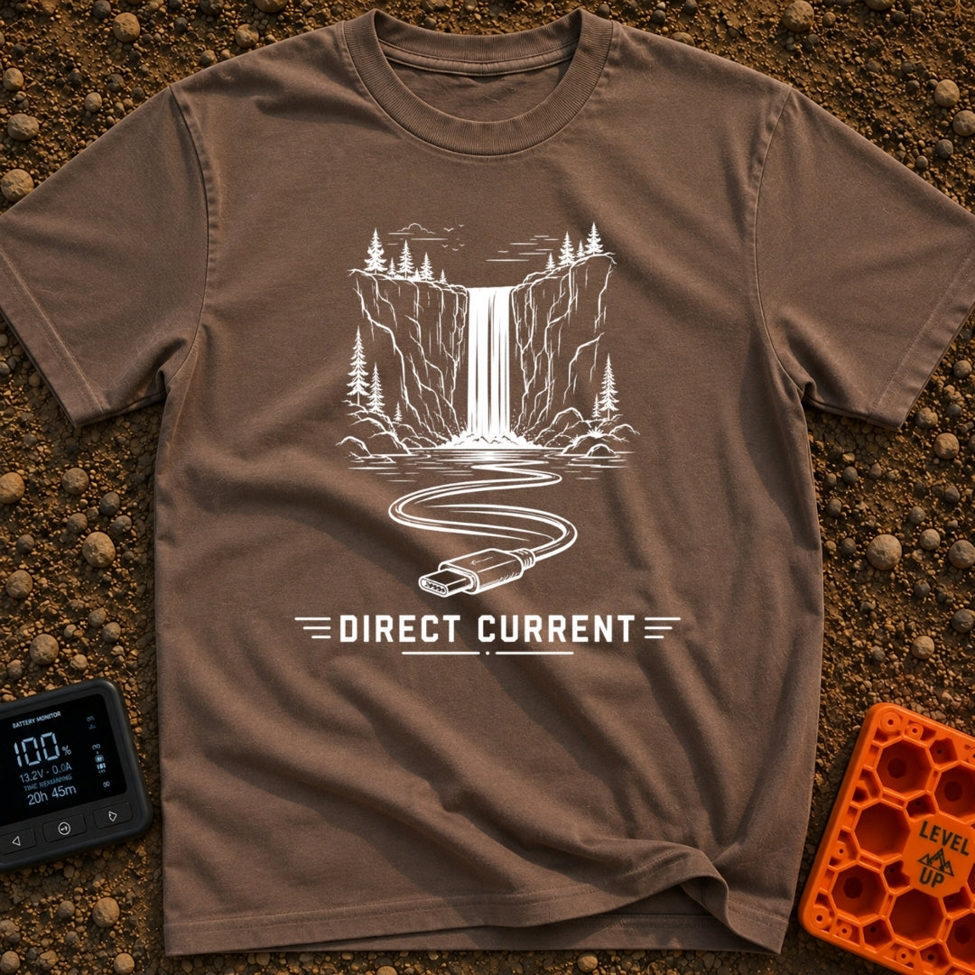 Chasing Direct Current - T-Shirt in Espresso - A black and white line illustration of a waterfall flowing down a cliff...
