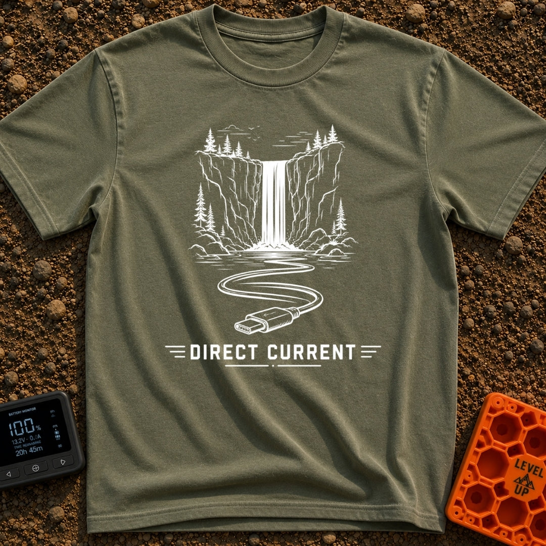 Chasing Direct Current - T-Shirt in Moss - A black and white line illustration of a waterfall flowing down a cliff...