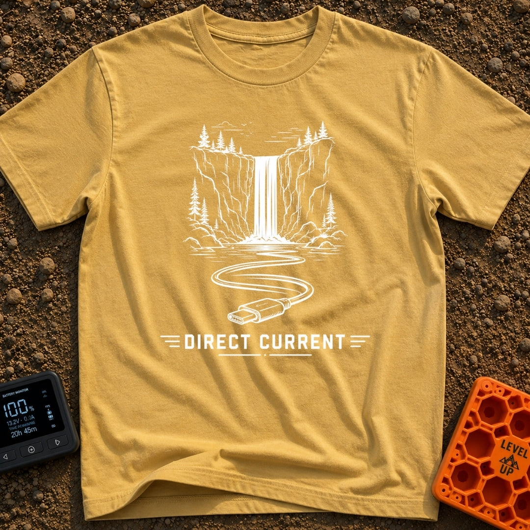 Chasing Direct Current - T-Shirt in Mustard - A black and white line illustration of a waterfall flowing down a cliff...