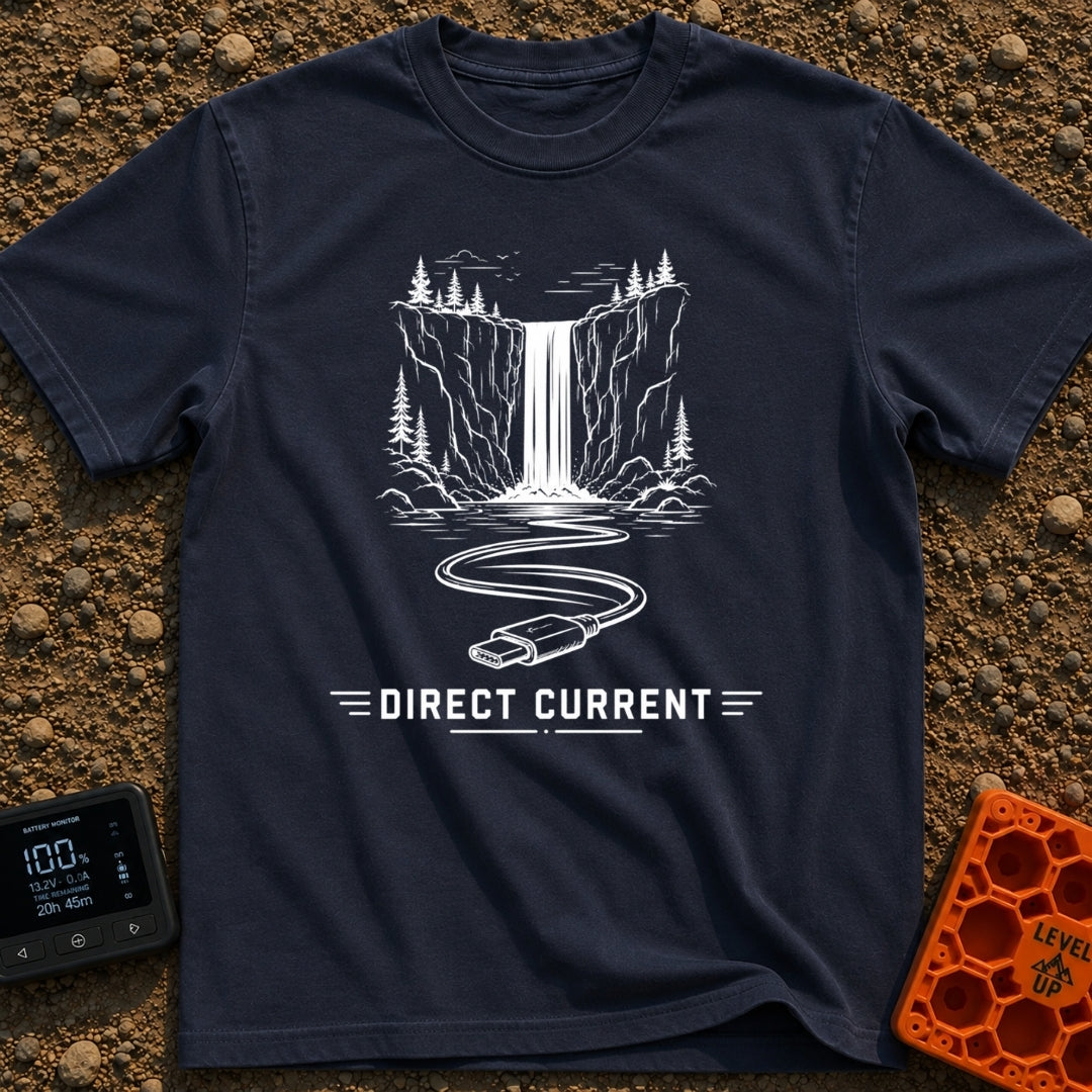 Chasing Direct Current - T-Shirt in Navy - A black and white line illustration of a waterfall flowing down a cliff...