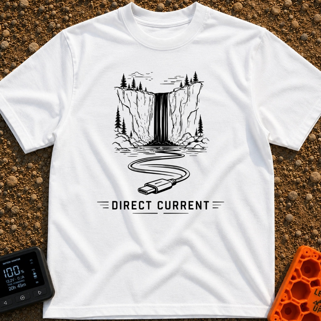 Chasing Direct Current - T-Shirt in White - A black and white line illustration of a waterfall flowing down a cliff...