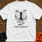 Chasing Direct Current - T-Shirt in White - A black and white line illustration of a waterfall flowing down a cliff...