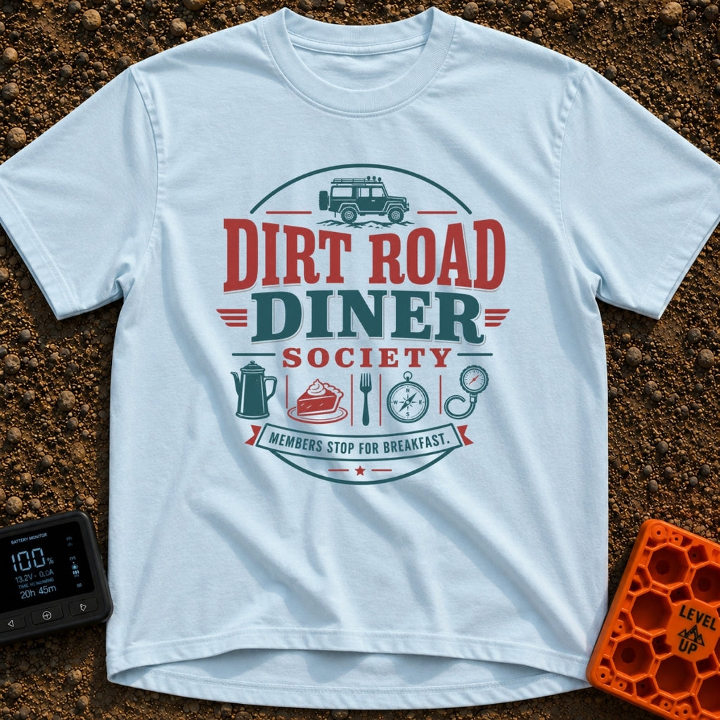 Dirt Road Club - T-Shirt in Chambray - A circular typographic badge reading "DIRT ROAD DINER SOCIETY" and "MEMBERS STOP...