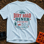Dirt Road Club - T-Shirt in Chambray - A circular typographic badge reading "DIRT ROAD DINER SOCIETY" and "MEMBERS STOP...
