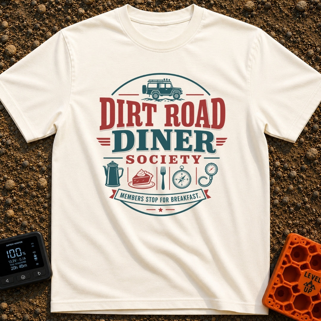 Dirt Road Club - T-Shirt in Ivory - A circular typographic badge reading "DIRT ROAD DINER SOCIETY" and "MEMBERS STOP FOR...