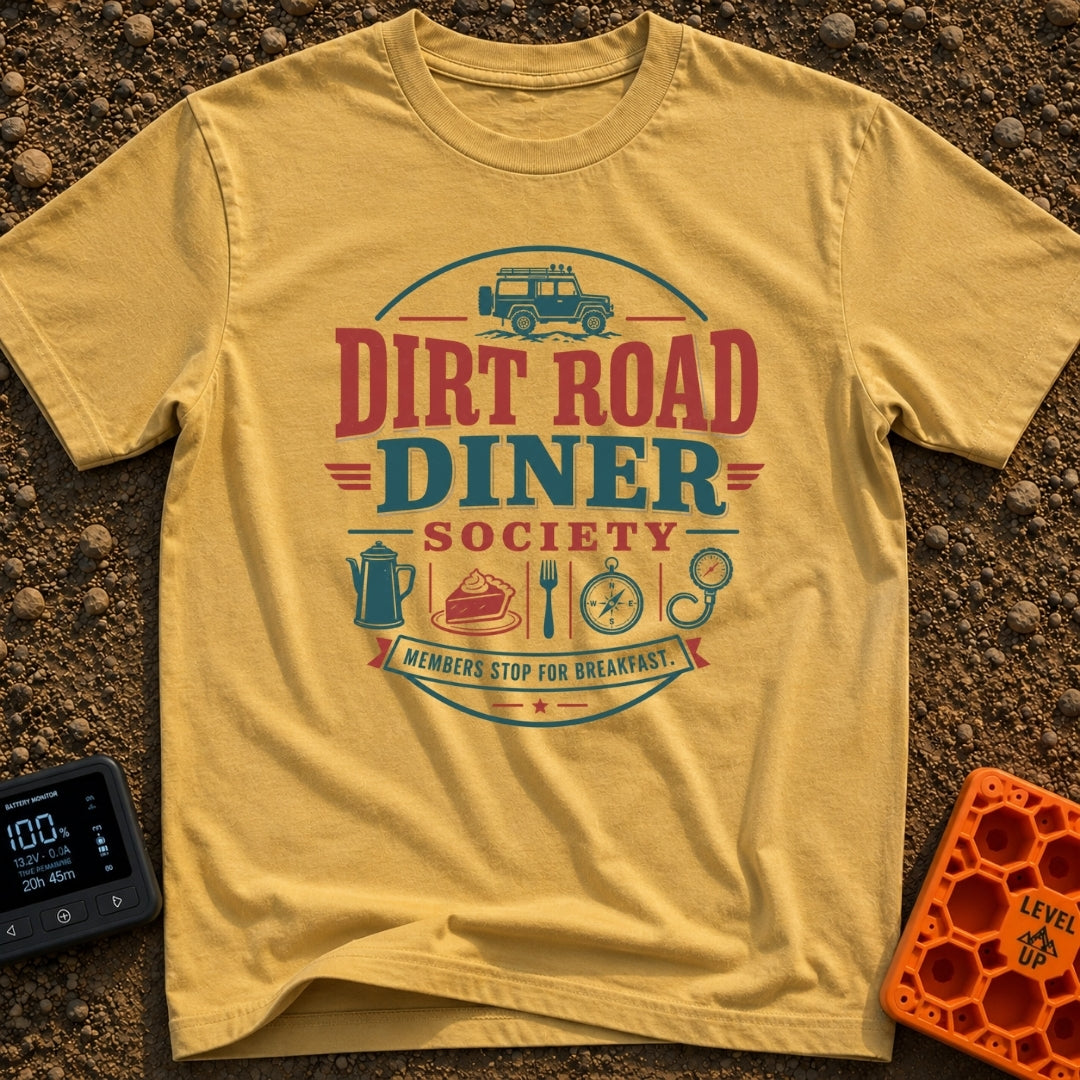 Dirt Road Club - T-Shirt in Mustard - A circular typographic badge reading "DIRT ROAD DINER SOCIETY" and "MEMBERS STOP...