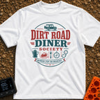 Dirt Road Club - T-Shirt in White - A circular typographic badge reading "DIRT ROAD DINER SOCIETY" and "MEMBERS STOP FOR...