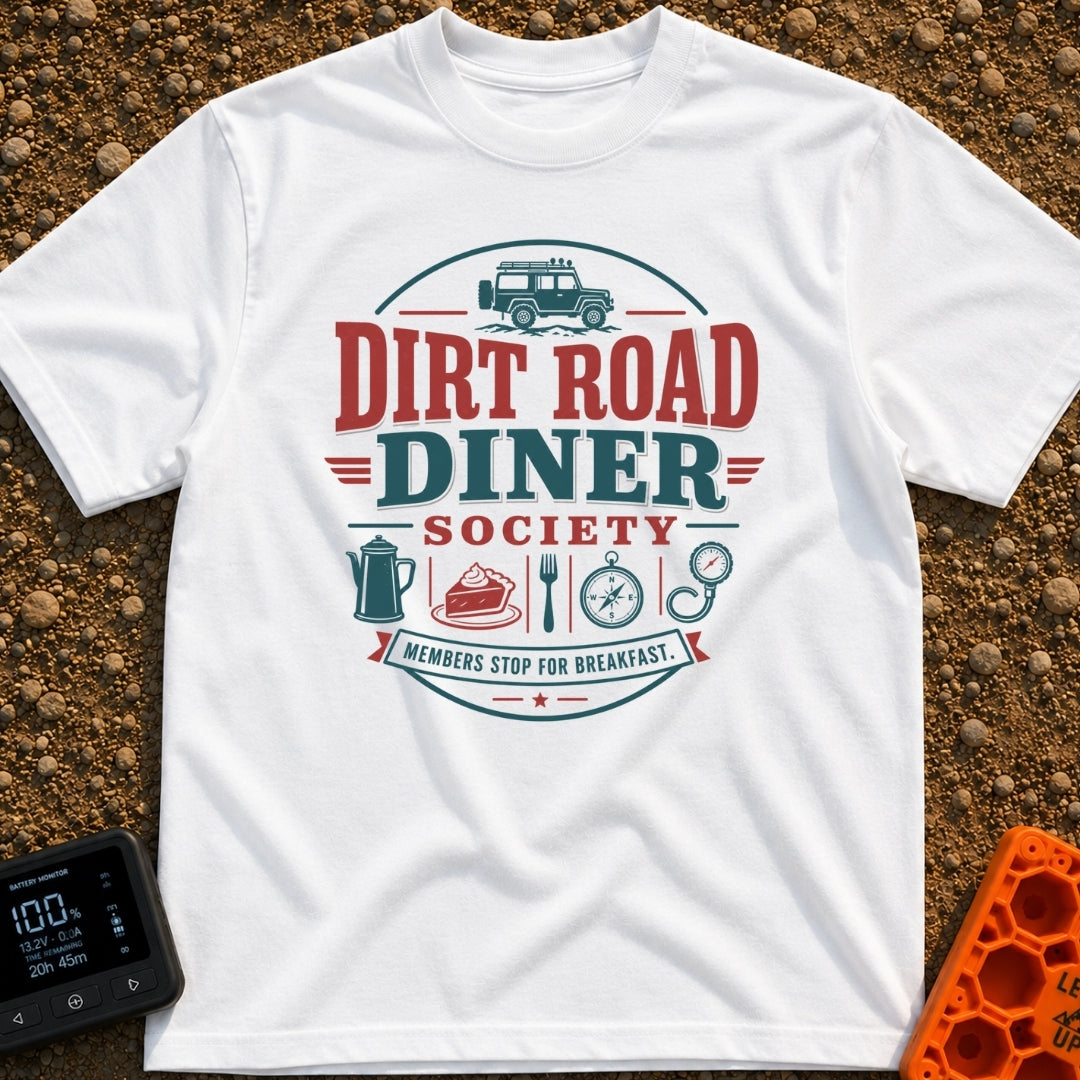 Dirt Road Club - T-Shirt in White - A circular typographic badge reading "DIRT ROAD DINER SOCIETY" and "MEMBERS STOP FOR...