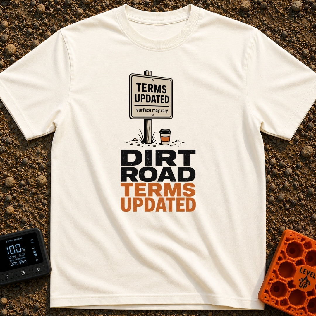 Dirt Road Terms Apply - T-Shirt in Ivory - An illustration of a wooden signpost reading "TERMS UPDATED surface may vary"...