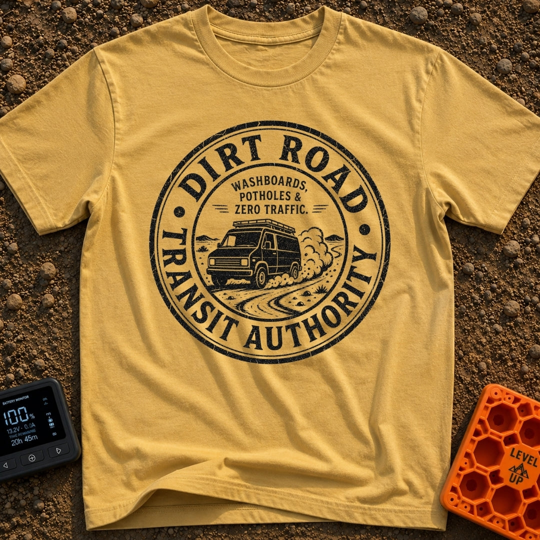 Dirt Road Commuter - T-Shirt in Mustard - A circular distressed-style badge featuring a van with a roof rack driving on a...
