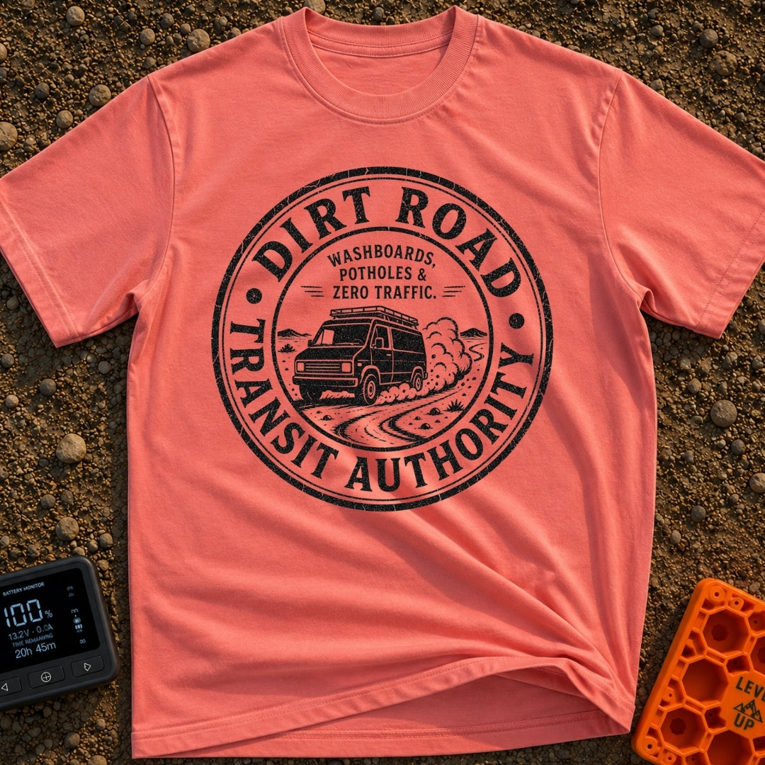 Dirt Road Commuter - T-Shirt in Watermelon - A circular distressed-style badge featuring a van with a roof rack driving...