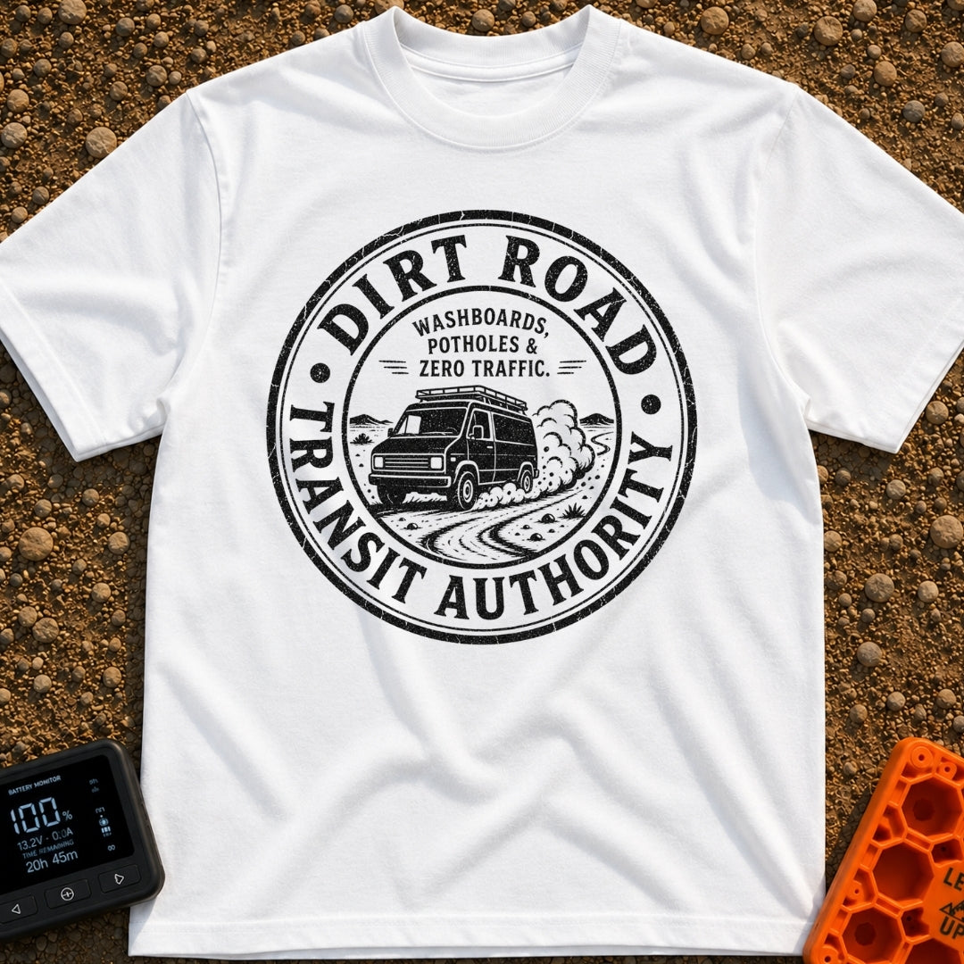 Dirt Road Commuter - T-Shirt in White - A circular distressed-style badge featuring a van with a roof rack driving on a...