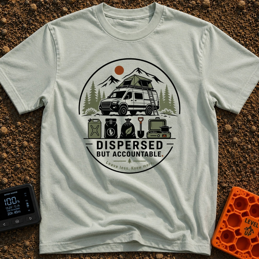 Dispersed But Accountable - T-Shirt in Bay - A circular badge design featuring a high-clearance camper van with a rooftop...