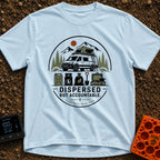 Dispersed But Accountable - T-Shirt in Chambray - A circular badge design featuring a high-clearance camper van with a...
