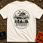 Dispersed But Accountable - T-Shirt in Ivory - A circular badge design featuring a high-clearance camper van with a...