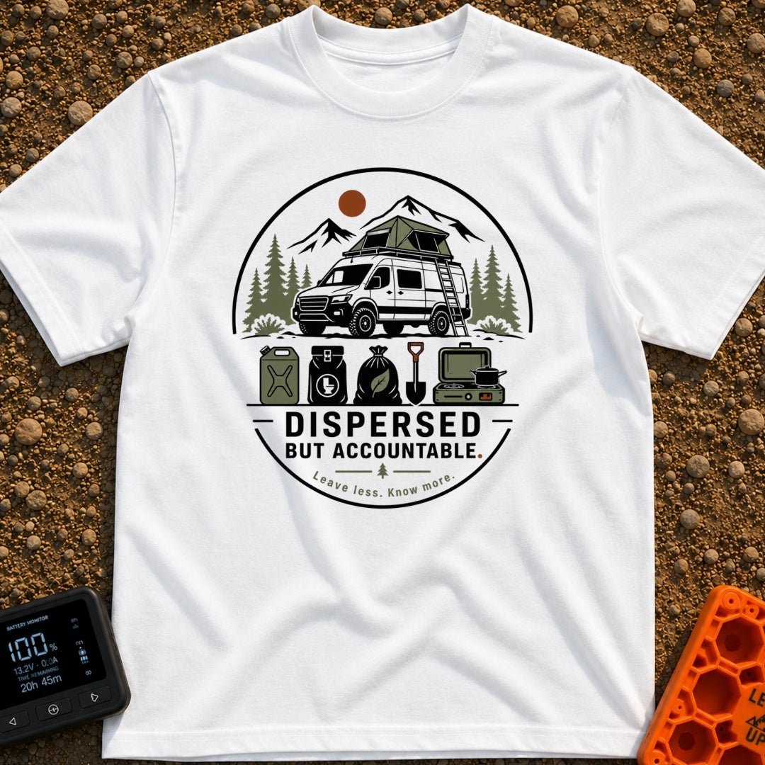 Dispersed But Accountable - T-Shirt in White - A circular badge design featuring a high-clearance camper van with a...
