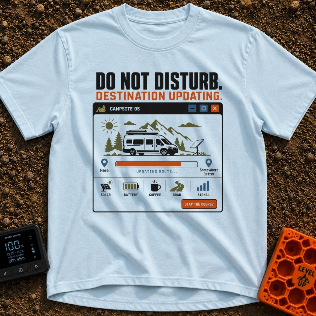 Do Not Disturb Updating - T-Shirt in Chambray - A graphic styled like a computer window titled "CAMPSITE OS" showing a...
