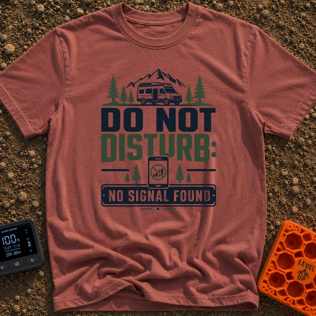 Do Not Disturb Offline - T-Shirt in Brick - A graphic design featuring a camper van parked in front of mountains and pine...