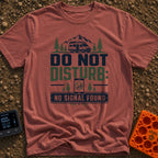 Do Not Disturb Offline - T-Shirt in Brick - A graphic design featuring a camper van parked in front of mountains and pine...