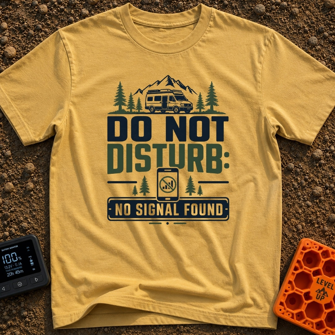 Do Not Disturb Offline - T-Shirt in Mustard - A graphic design featuring a camper van parked in front of mountains and...