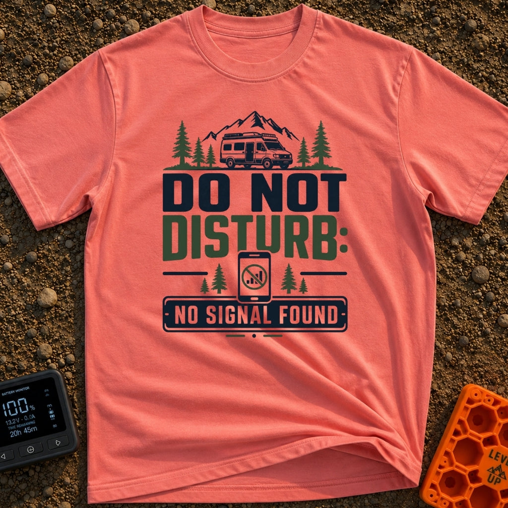 Do Not Disturb Offline - T-Shirt in Watermelon - A graphic design featuring a camper van parked in front of mountains and...