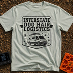 Fur Distribution Center - T-Shirt in Bay - A black and white badge-style illustration of a camper van with a roof rack,...