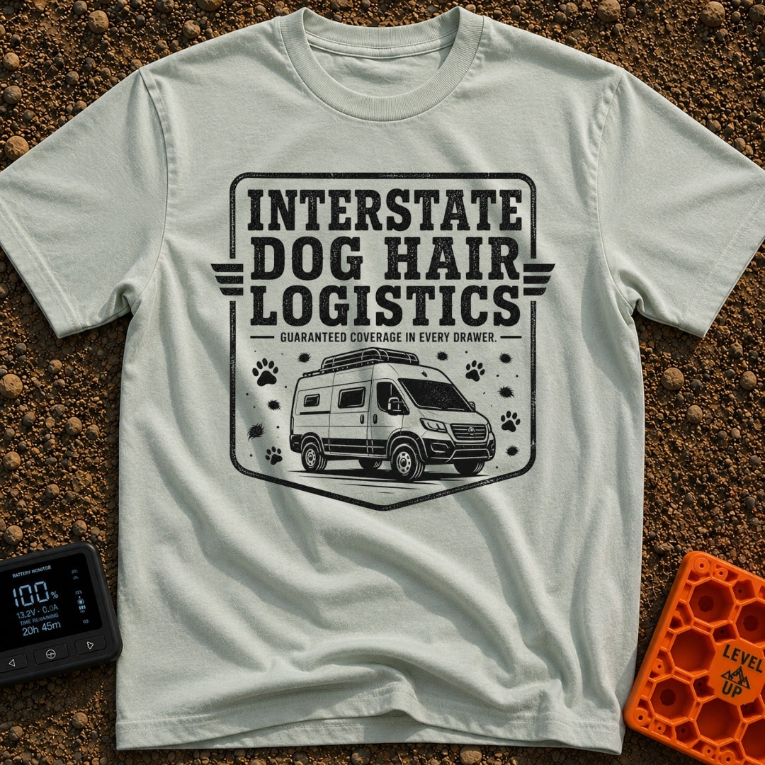 Fur Distribution Center - T-Shirt in Bay - A black and white badge-style illustration of a camper van with a roof rack,...
